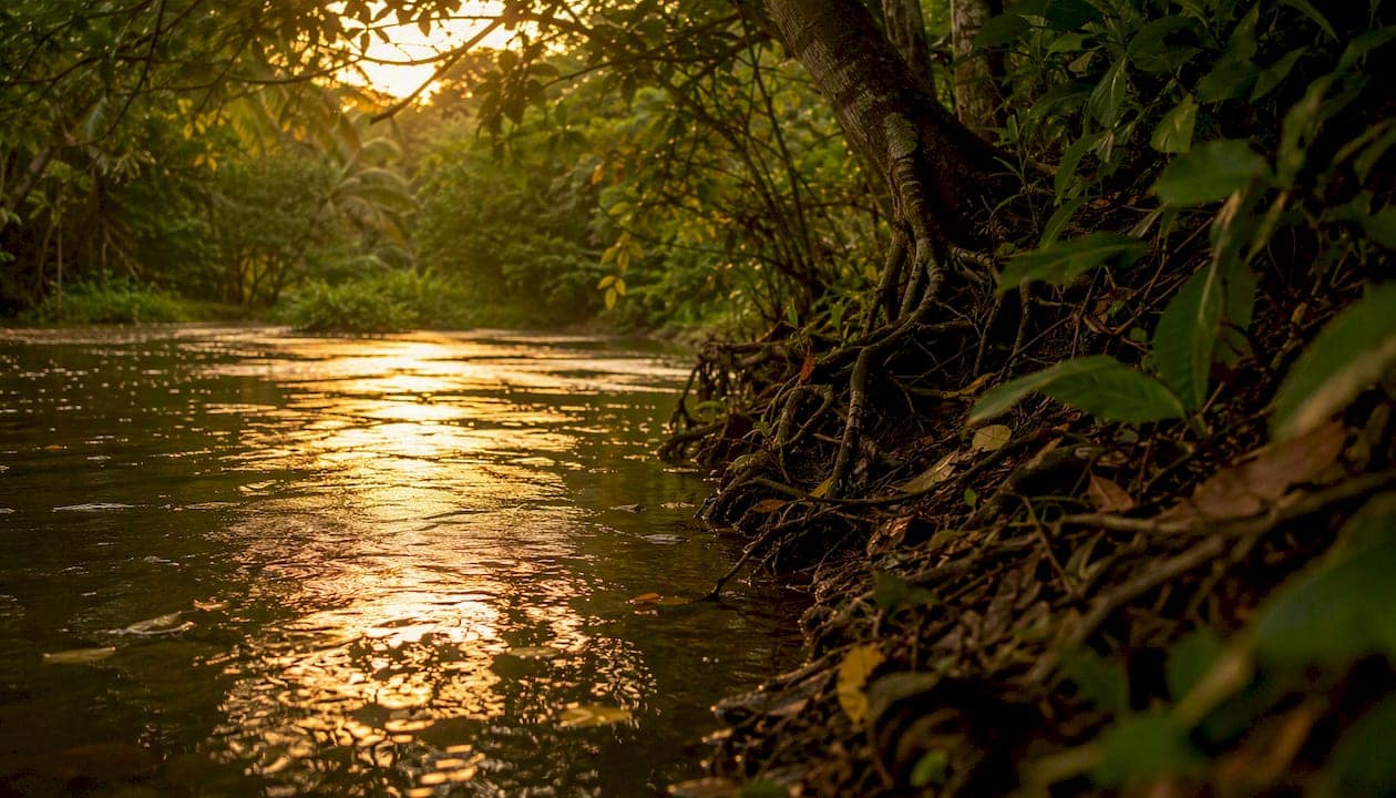 Caribbean river flowing in tropical forest