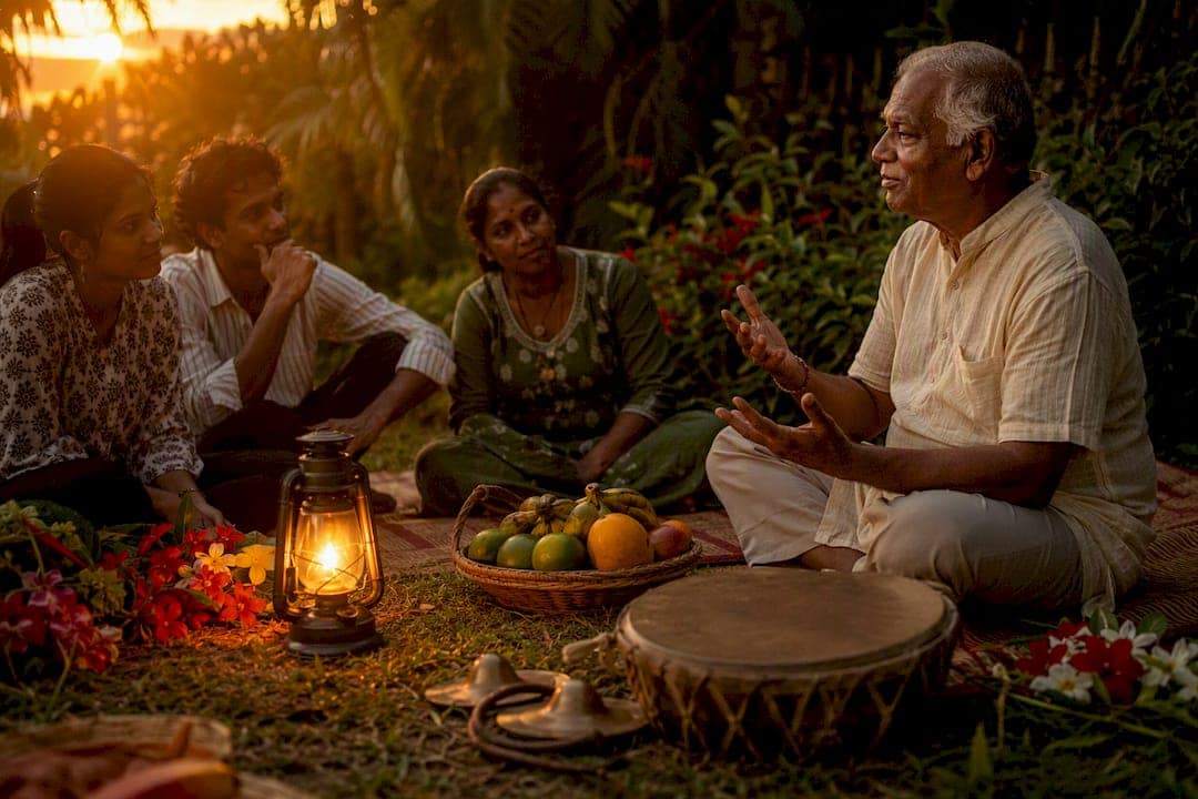 Traditional Indian storytelling objects by fire