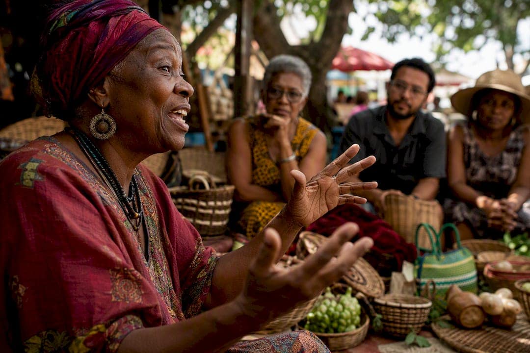 Storyteller performing Trinidad folklore in community hall